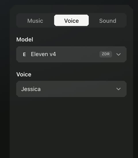 The settings of the Audio page: Music, Voice, or Sound, the model Eleven v4, and the voice Jessica.