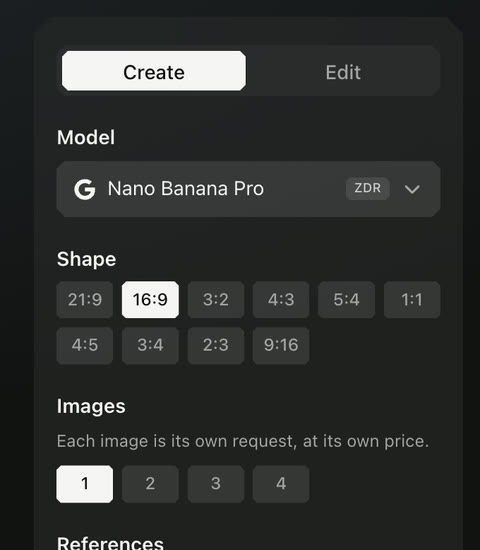 The settings of the Image page: Create or Edit, the model Nano Banana Pro, the shape, and the number of images.