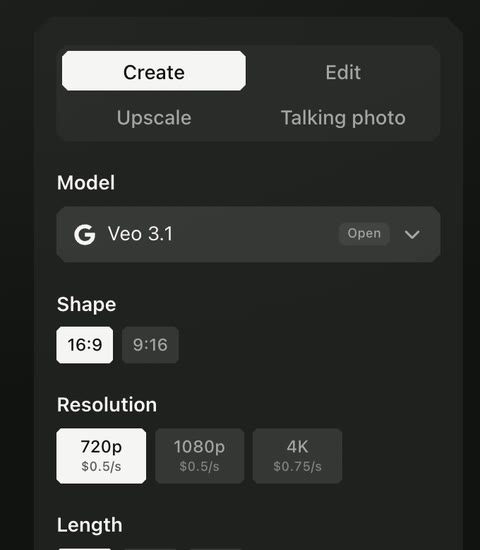 The settings of the Video page: Create, Edit, Upscale, or Talking photo, the model Veo 3.1, the shape, the resolution, and the length.